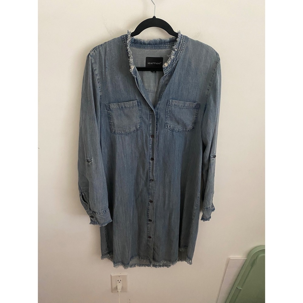 Velvet Heart Womens Blue Denim Frayed Hem Button Down Shirt Dress Medium